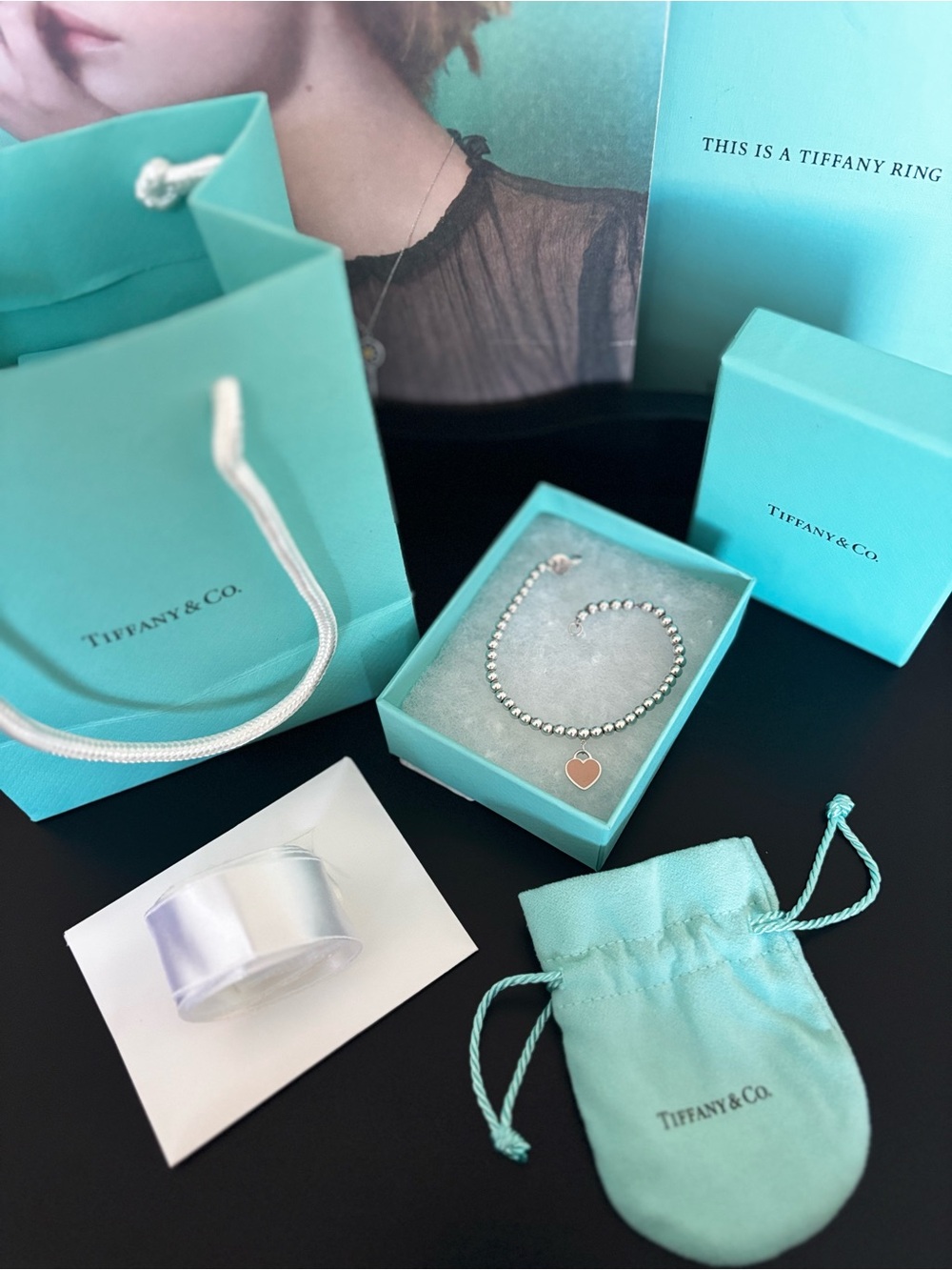 Tiffany & Co. Silver Bead Bracelet, Mini with Pink Heart Charm